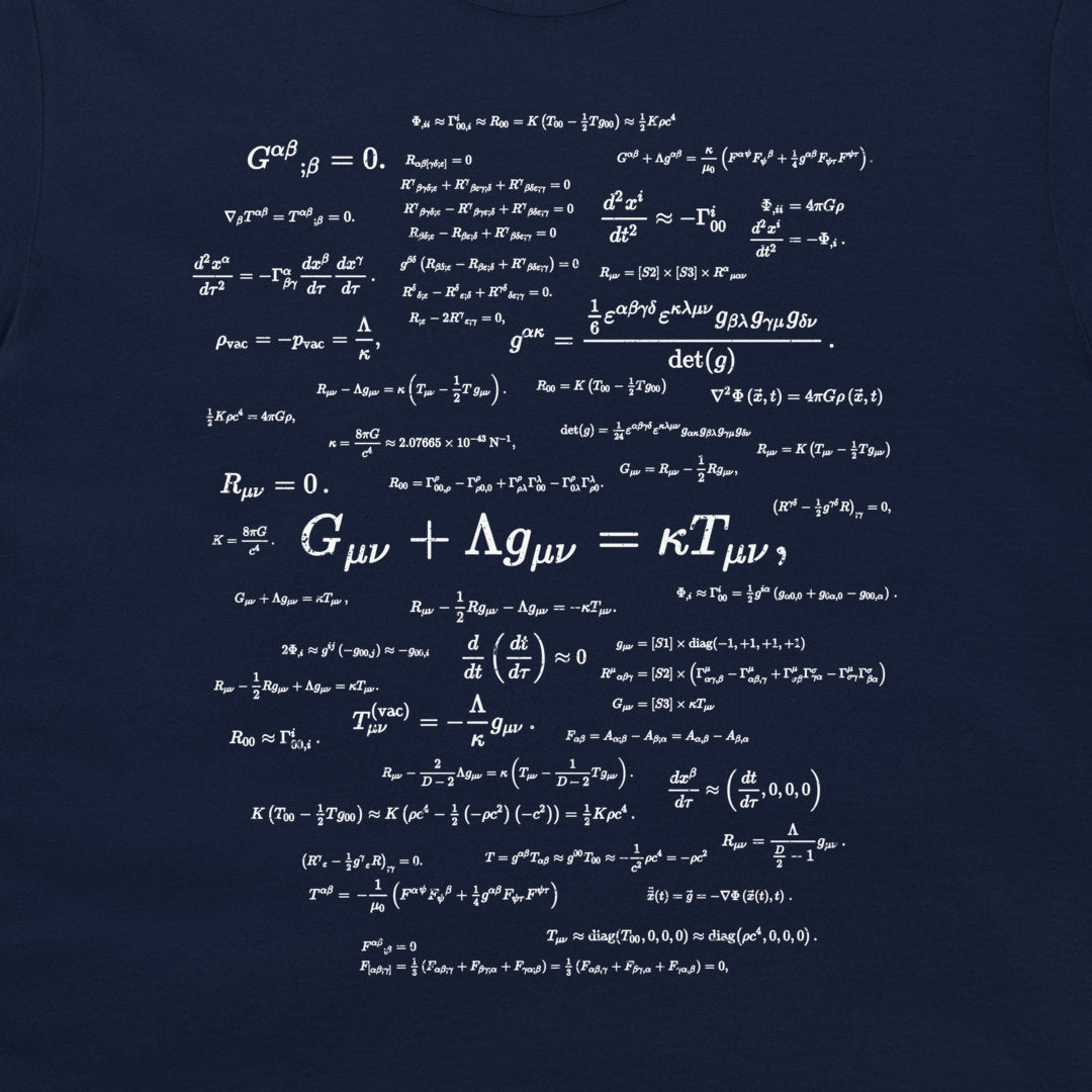 A close-up of a dark navy blue fabric surface printed with white mathematical physics equations and formulas.