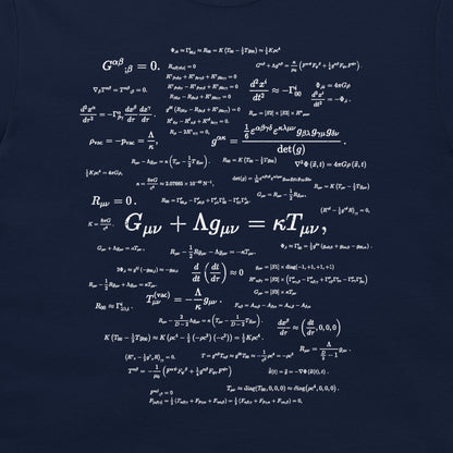 A close-up of a dark navy blue fabric surface printed with white mathematical physics equations and formulas.