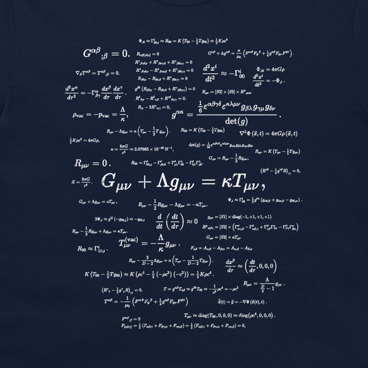 A close-up of a dark navy blue fabric surface printed with white mathematical physics equations and formulas.