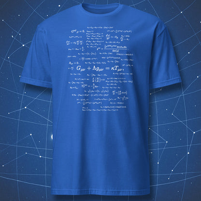 Royal blue t-shirt with Einstein field equation and general relativity formulas