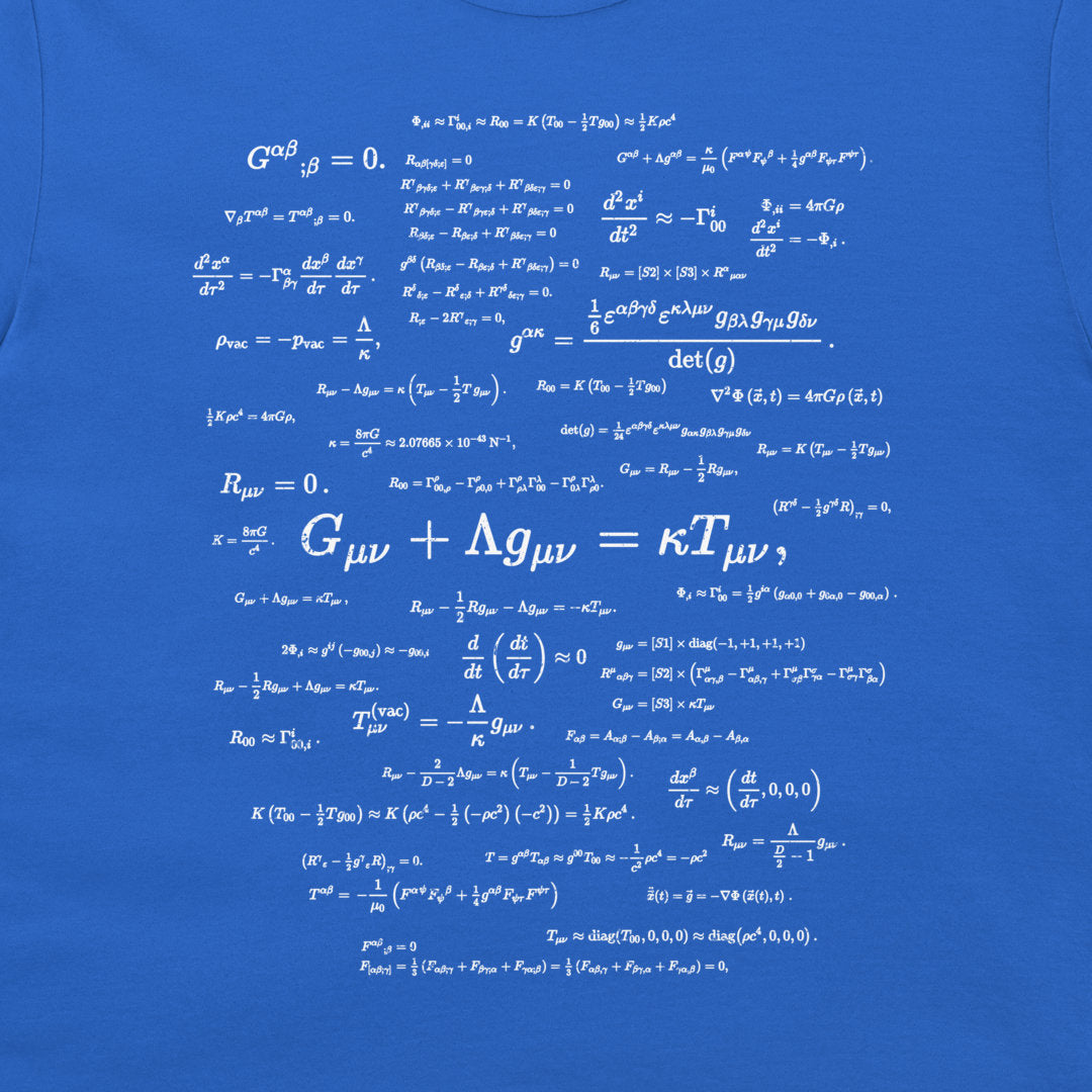 A close-up of a blue fabric surface printed with white physics equations and formulas, a t-shirt design.