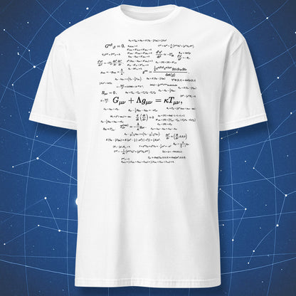White t-shirt with Einstein field equation and general relativity formulas

