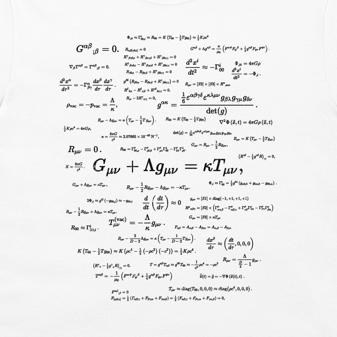 A white t-shirt featuring complex black mathematical equations and physics formulas related to general relativity and cosmology, printed across the front.