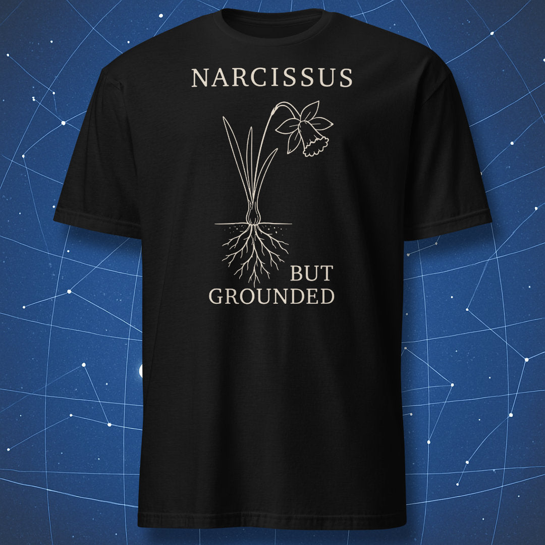 Black T-shirt with minimalist Narcissus, But Grounded botanical flower design