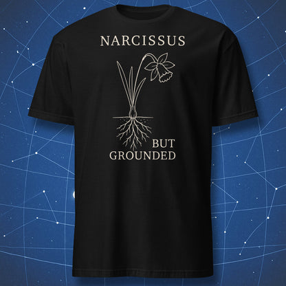 Black T-shirt with minimalist Narcissus, But Grounded botanical flower design