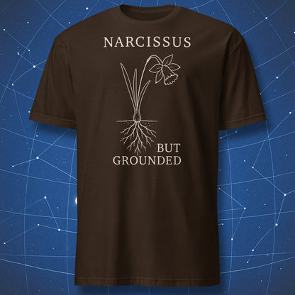 Dark chocolate T-shirt with minimalist Narcissus, But Grounded flower and roots design