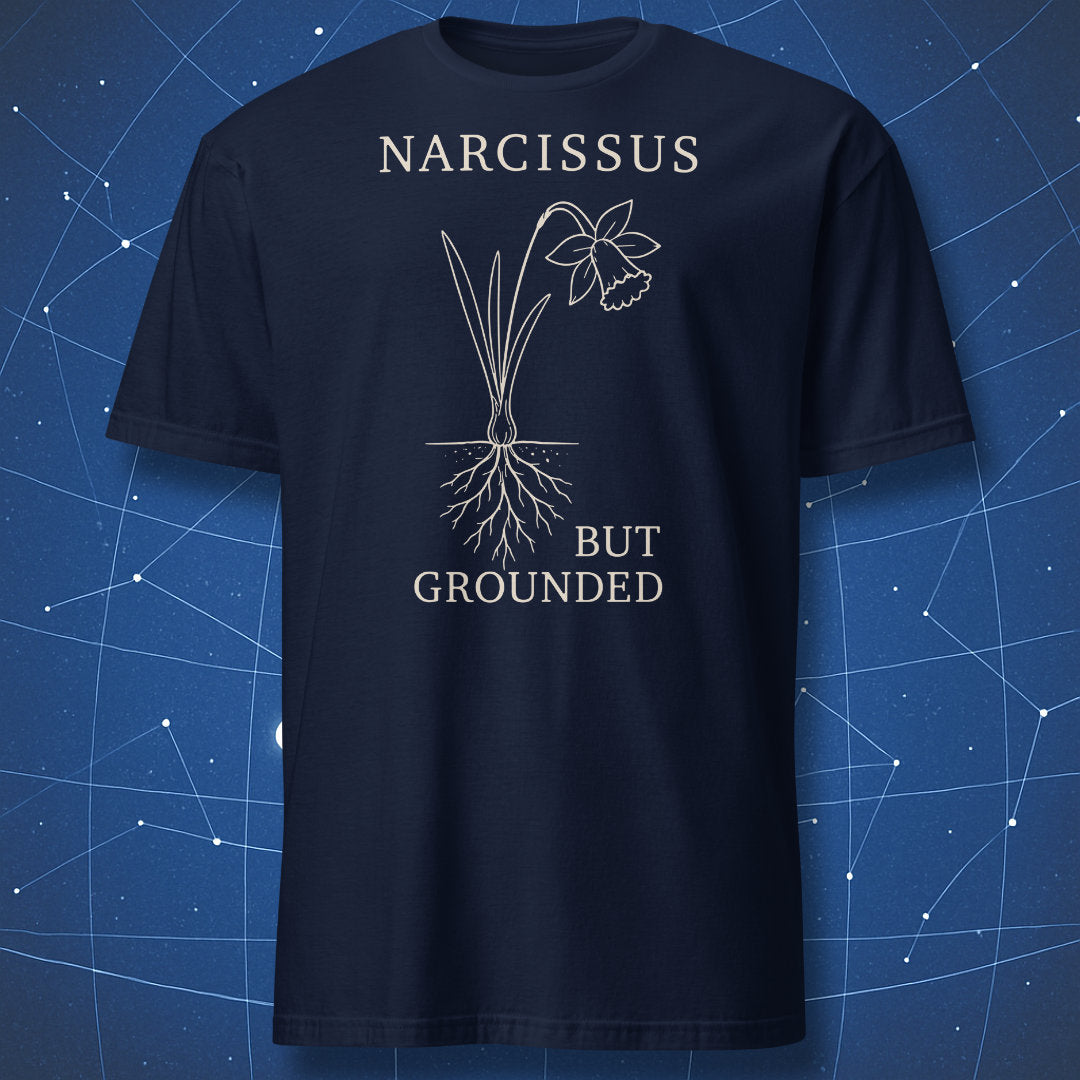 Navy T-shirt with minimalist narcissus flower and roots graphic