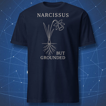 Navy T-shirt with minimalist narcissus flower and roots graphic