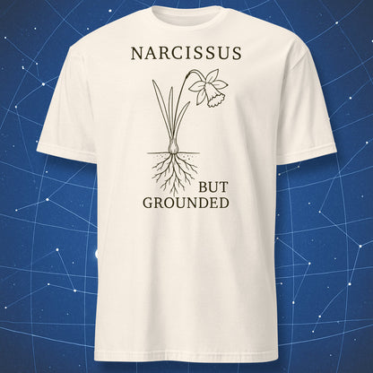 Natural T-shirt with black Narcissus, But Grounded botanical illustration