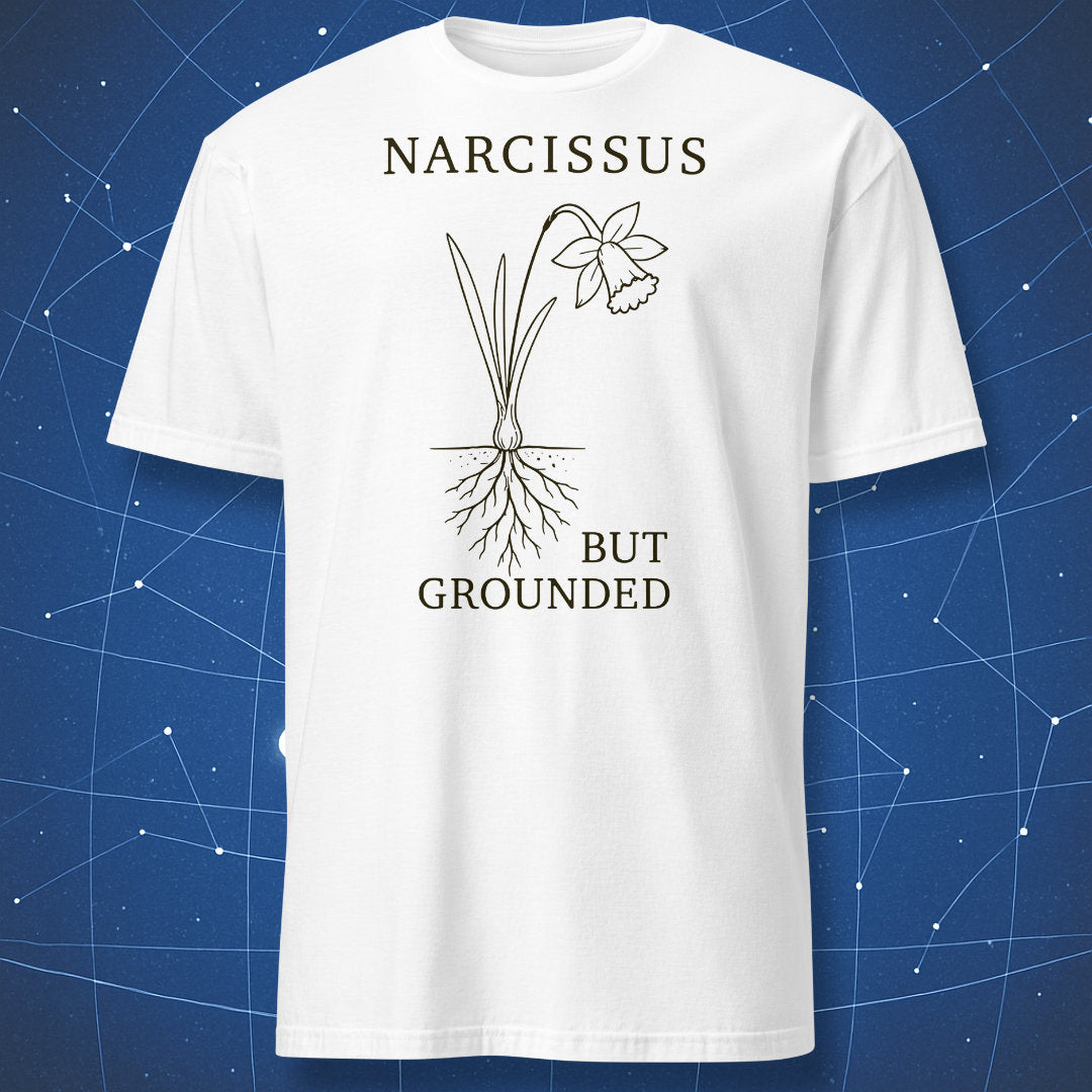 White T-shirt with black Narcissus, But Grounded flower and roots design