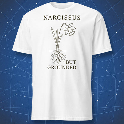 White T-shirt with black Narcissus, But Grounded flower and roots design