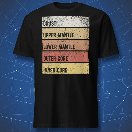 Black t-shirt with vintage Earth layers design showing crust, upper mantle, lower mantle, outer core, and inner core