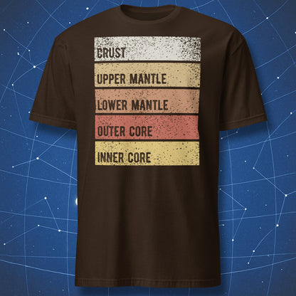 Dark chocolate t-shirt with Earth layers geology chart design showing crust, mantle, outer core, and inner core
