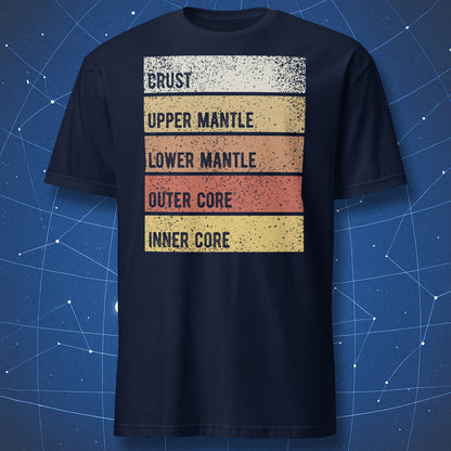 Navy t-shirt with vintage geology design showing labeled Earth layers from crust to inner core