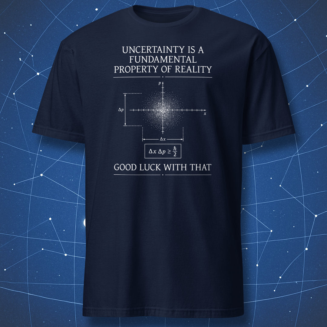 Navy t-shirt with Heisenberg uncertainty principle graphic and dry quantum physics joke