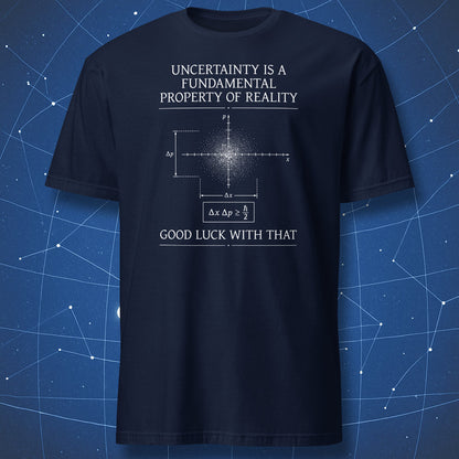 Navy t-shirt with Heisenberg uncertainty principle graphic and dry quantum physics joke