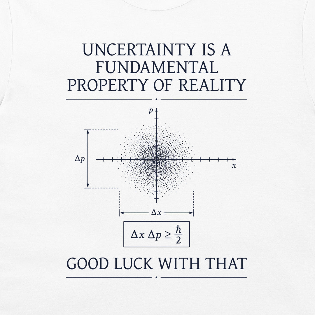White t-shirt featuring a dark navy blue graphic print with the text 'UNCERTAINTY IS A FUNDAMENTAL PROPERTY OF REALITY' and 'GOOD LUCK WITH THAT' surrounding a Heisenberg uncertainty diagram.