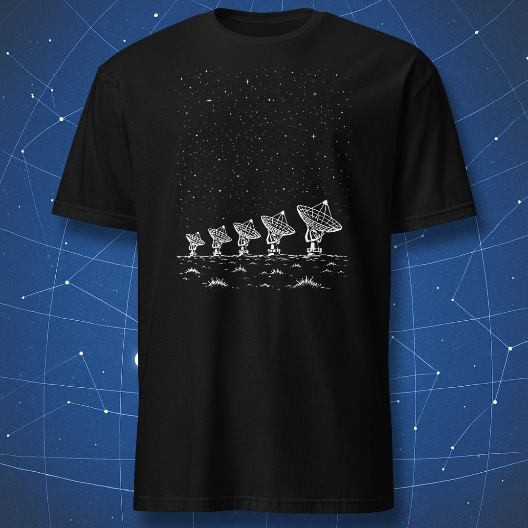 Black T-shirt featuring a white illustration of radio telescopes scanning a star-filled night sky