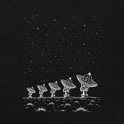 A dark navy blue t-shirt featuring a white graphic print of five radio telescope antennas on a desert-like ground under a starry night sky.