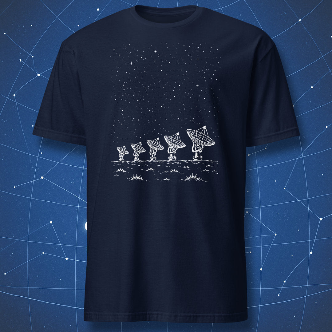 Navy blue T-shirt featuring a white illustration of radio telescopes scanning a star-filled night sky