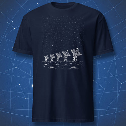 Navy blue T-shirt featuring a white illustration of radio telescopes scanning a star-filled night sky