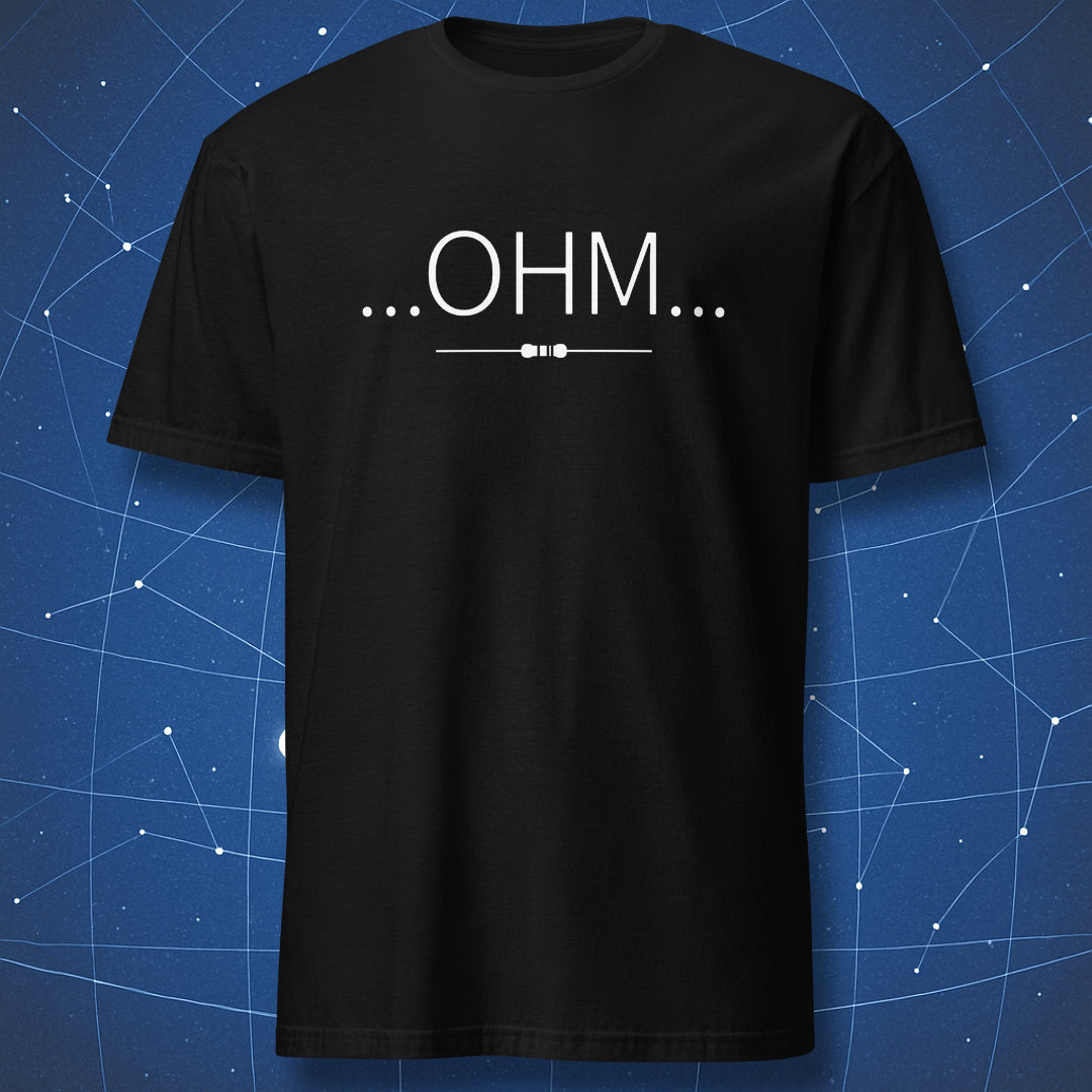 Black t-shirt with minimalist OHM text and tiny resistor underline graphic