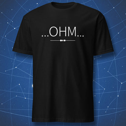 Black t-shirt with minimalist OHM text and tiny resistor underline graphic