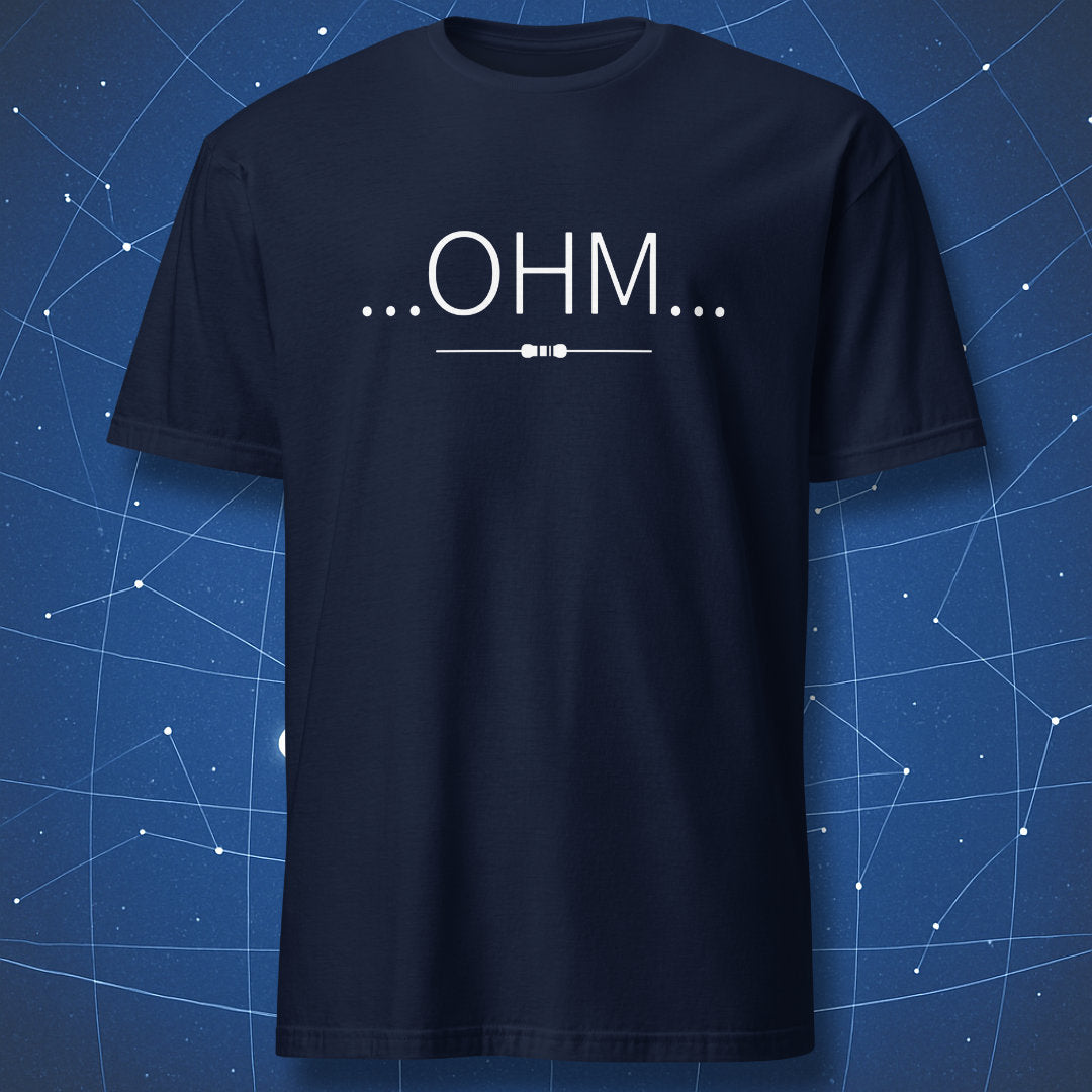 Navy blue t-shirt with minimalist OHM electronics-inspired graphic