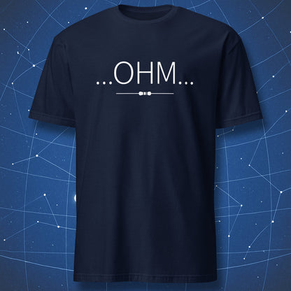 Navy blue t-shirt with minimalist OHM electronics-inspired graphic