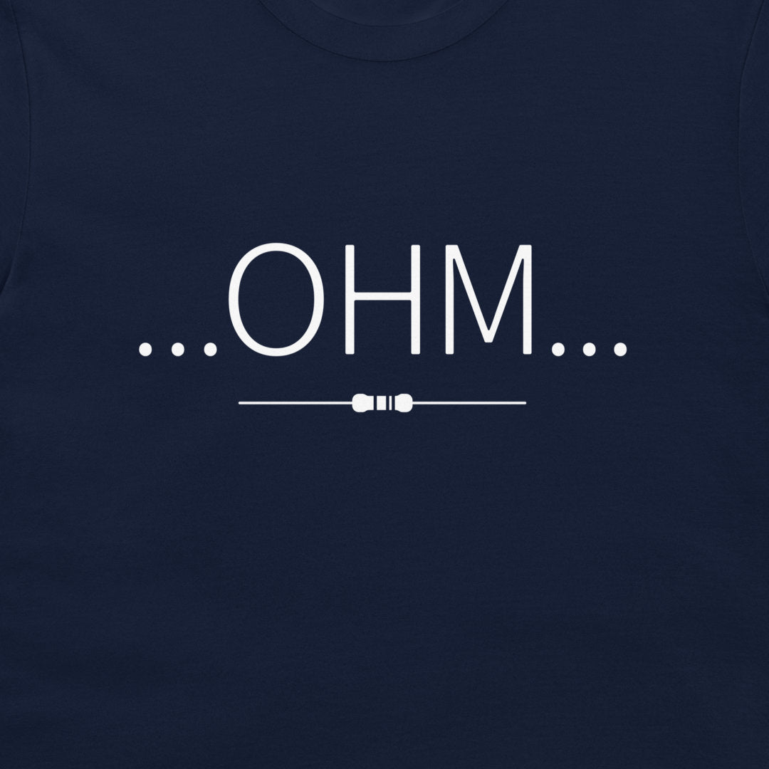 Navy blue t-shirt featuring a black printed graphic of the text '...OHM...' with a small resistor symbol underneath.