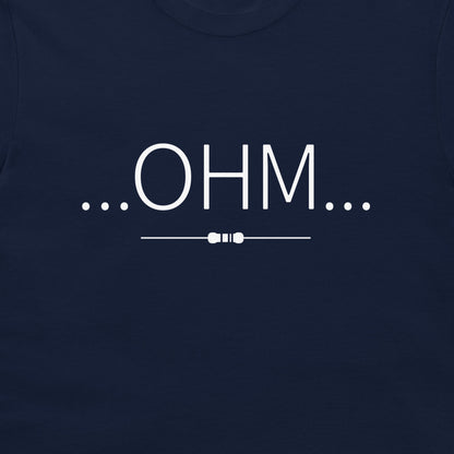 Navy blue t-shirt featuring a black printed graphic of the text '...OHM...' with a small resistor symbol underneath.