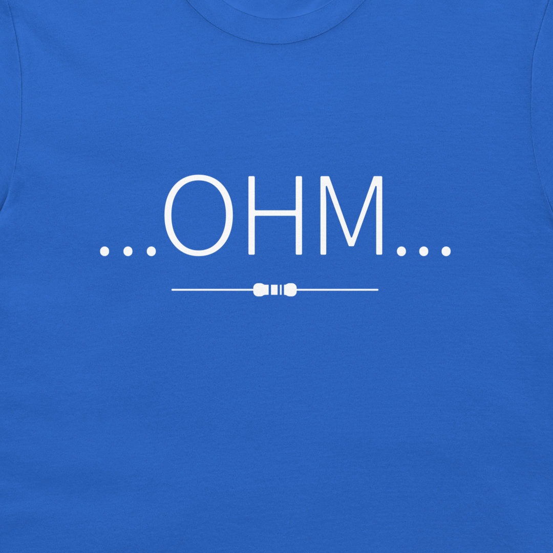 Royal blue t-shirt featuring a black printed graphic of the text '...OHM...' with a small resistor symbol underneath.