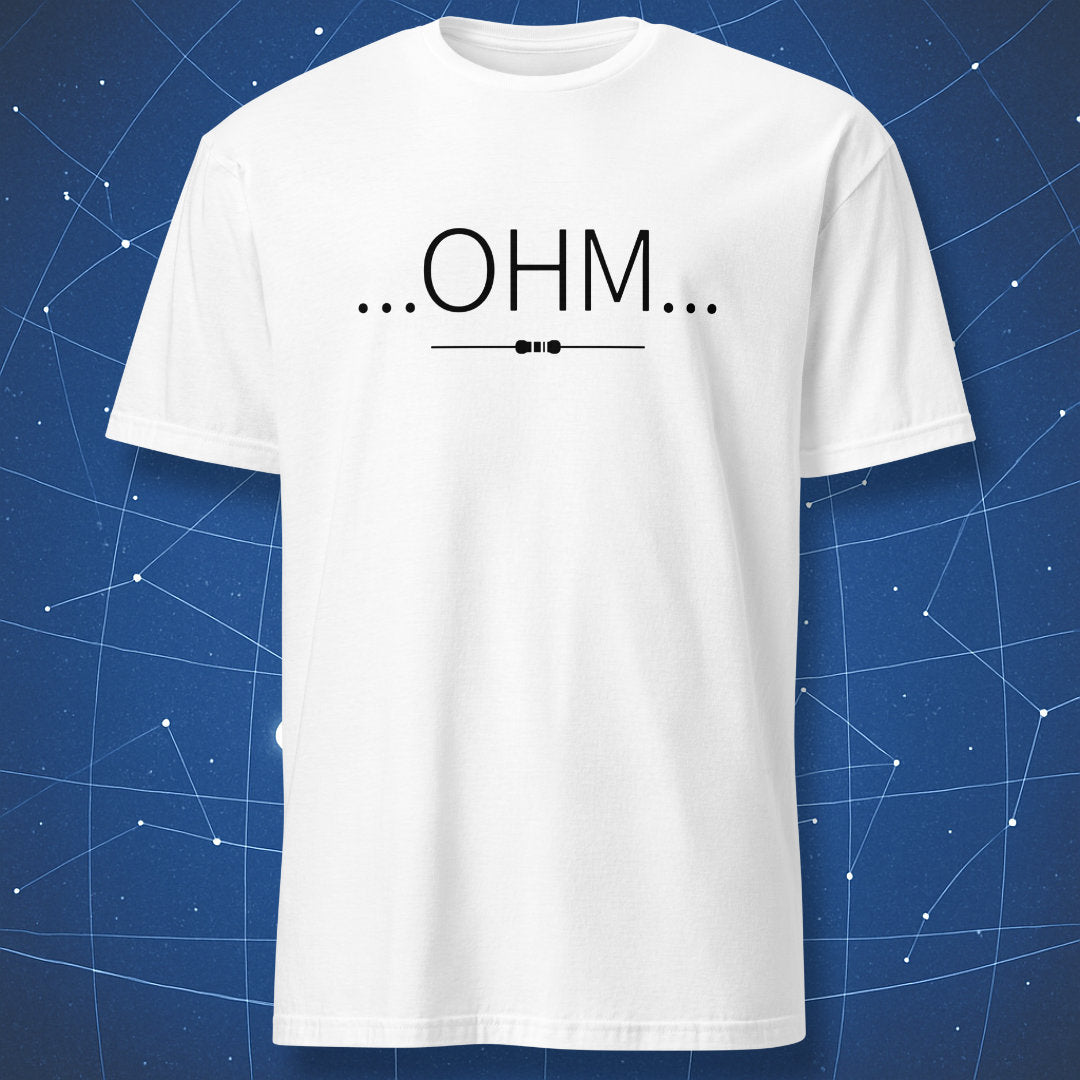 White t-shirt featuring minimalist OHM typography and resistor illustration