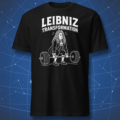 Black T-shirt with cartoon Leibniz deadlifting and text “Leibniz Transformation”