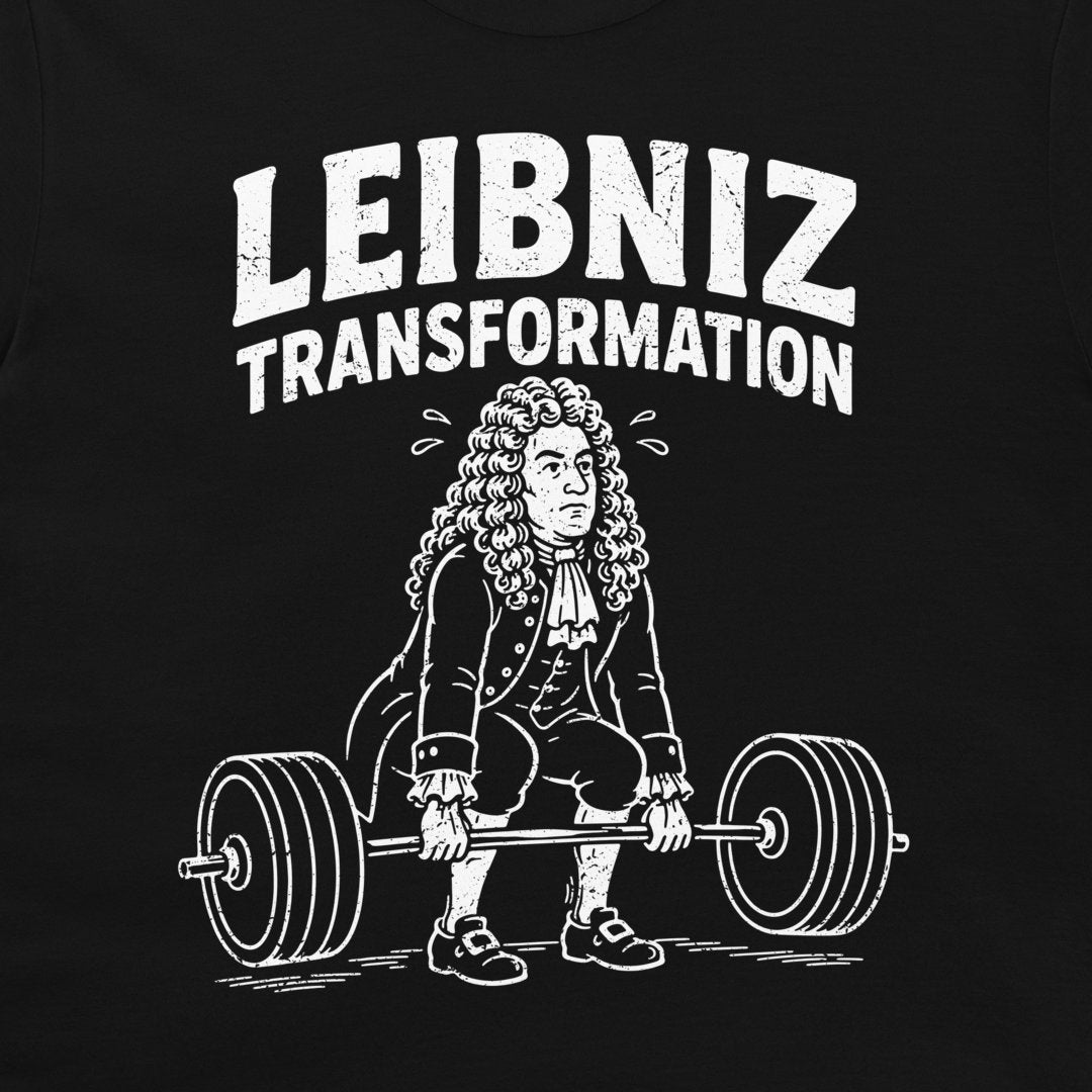 A black graphic t-shirt featuring a white distressed print of Gottfried Leibniz lifting a barbell, with the text 'LEIBNIZ TRANSFORMATION' above.