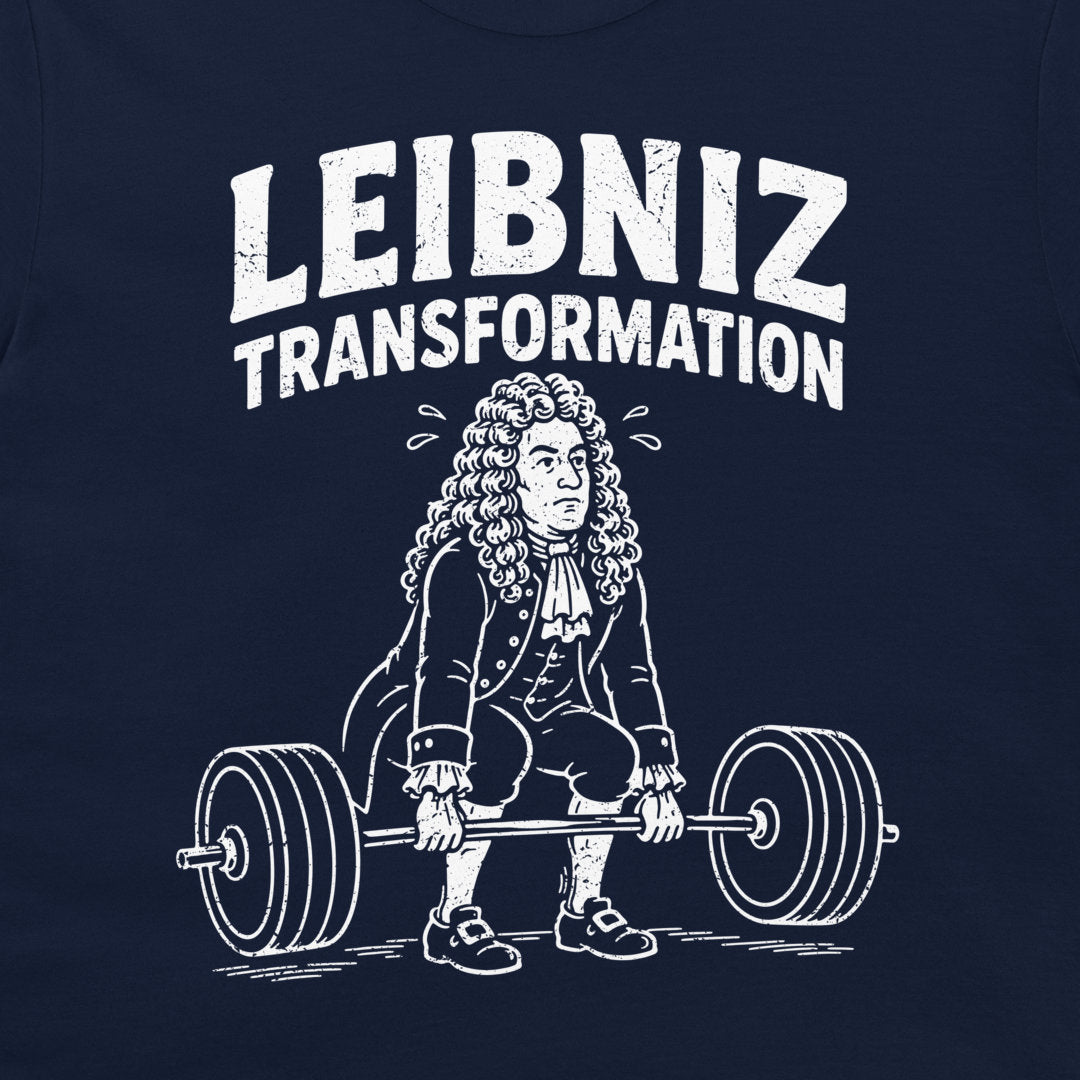 A close-up of a navy blue garment, likely a t-shirt, featuring a white graphic print of Gottfried Leibniz lifting a barbell, with the text 'LEIBNIZ TRANSFORMATION' above.
