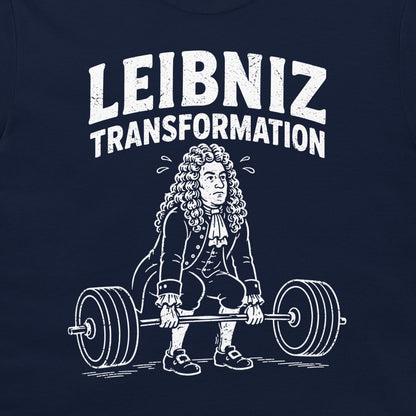 A close-up of a navy blue garment, likely a t-shirt, featuring a white graphic print of Gottfried Leibniz lifting a barbell, with the text 'LEIBNIZ TRANSFORMATION' above.