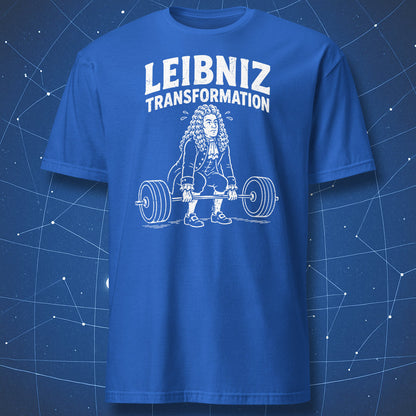 Royal blue calculus deadlift nerd T-shirt featuring Gottfried Leibniz.
