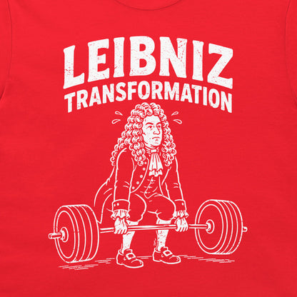 A close-up of a bright red t-shirt, featuring a white graphic print of Gottfried Leibniz lifting a barbell under the text 'LEIBNIZ TRANSFORMATION'.
