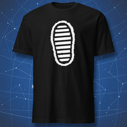 Black T-shirt with distressed Apollo-inspired moon bootprint graphic in white