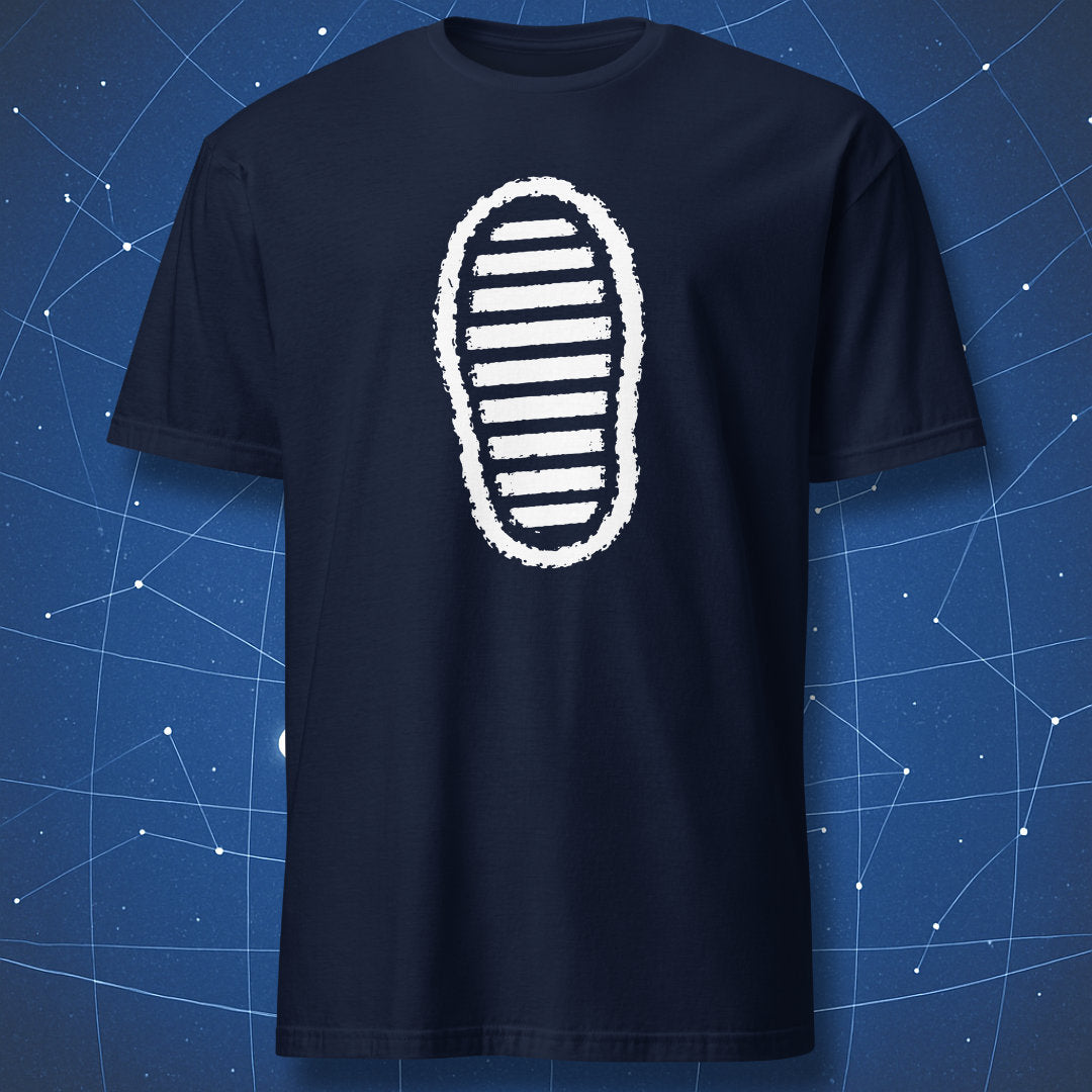 Navy blue T-shirt with white lunar astronaut bootprint graphic
