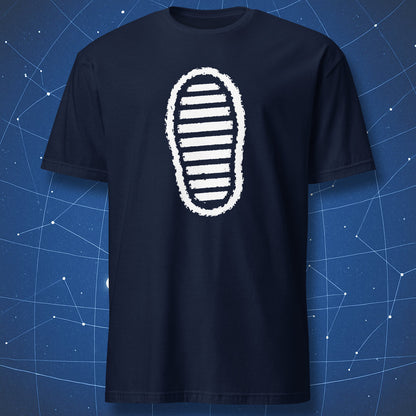 Navy blue T-shirt with white lunar astronaut bootprint graphic