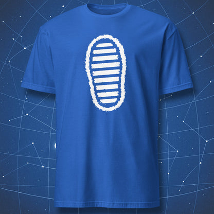Royal blue T-shirt featuring minimalist Apollo-style moon footprint design