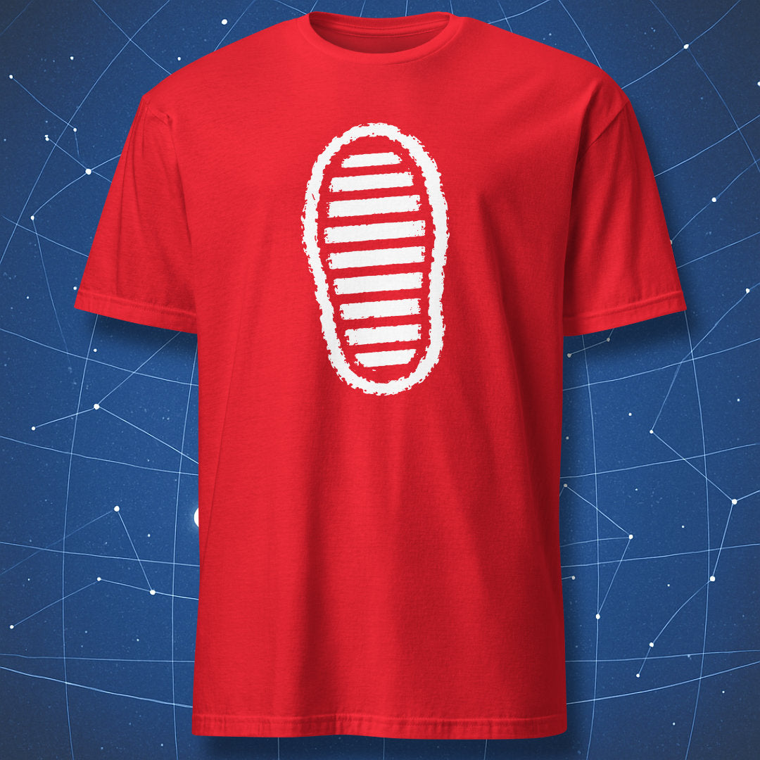 Red T-shirt with distressed astronaut boot tread graphic in white