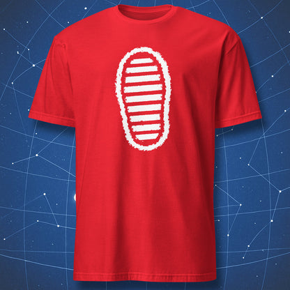 Red T-shirt with distressed astronaut boot tread graphic in white