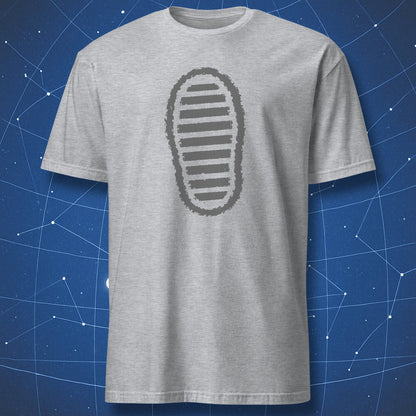 Sport grey T-shirt with dark grey lunar bootprint graphic inspired by Apollo 11