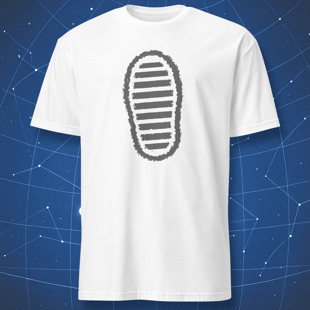 White T-shirt featuring grey distressed moon bootprint graphic