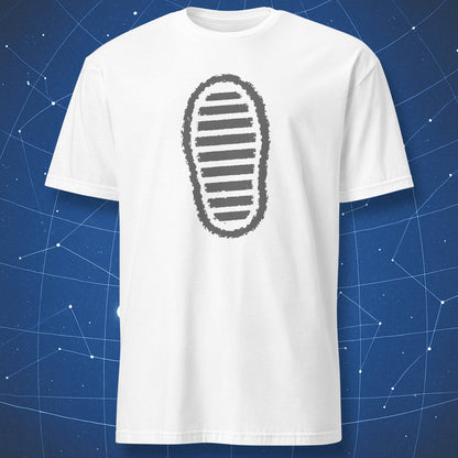 White T-shirt featuring grey distressed moon bootprint graphic