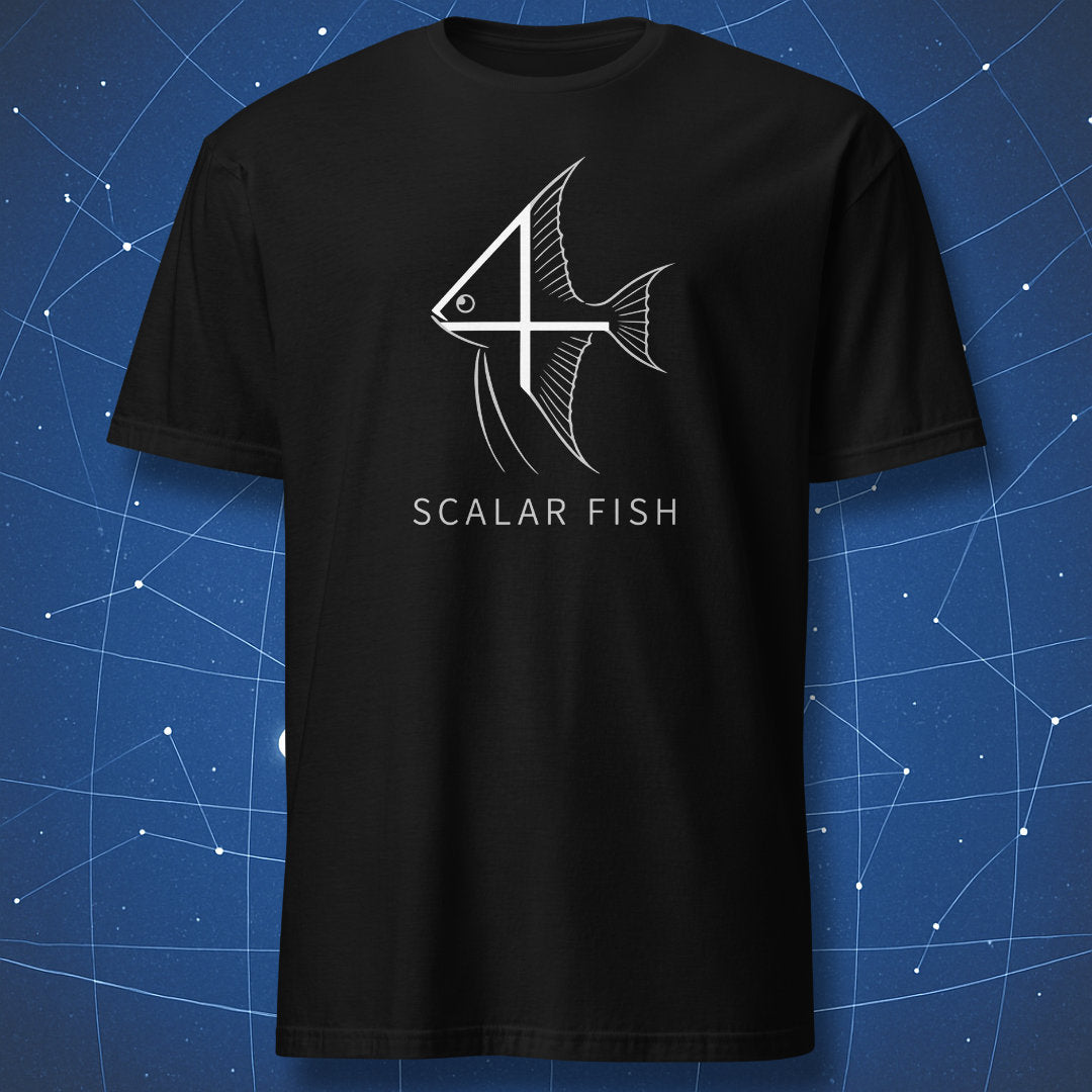 Black T-shirt with minimalist scalar fish number 4 angelfish design in white line art