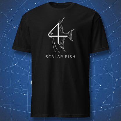 Black T-shirt with minimalist scalar fish number 4 angelfish design in white line art